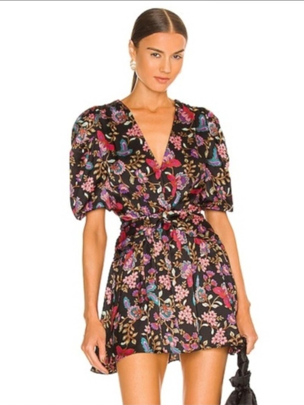 Misa Los Angeles Black Mini Dress with Pink & Blue Floral Print Size M
